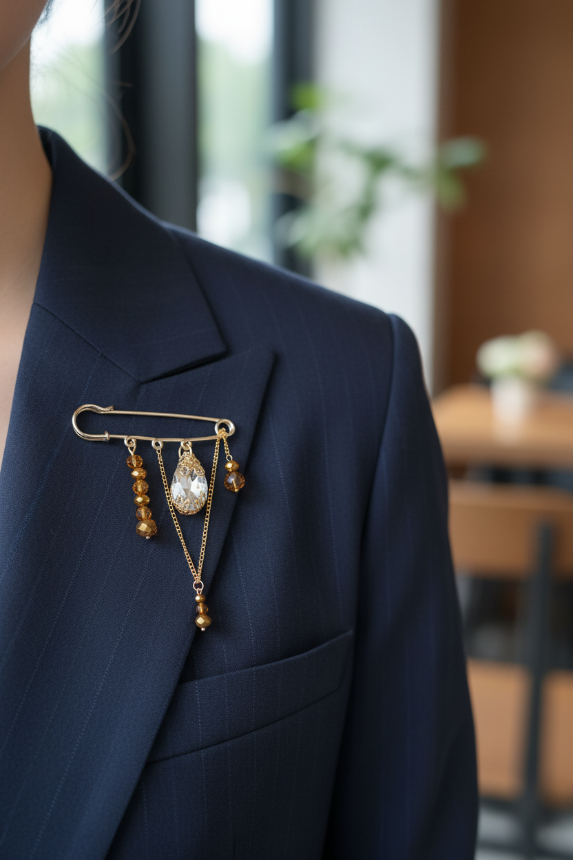 Broche Astéria portée sur une veste moderne