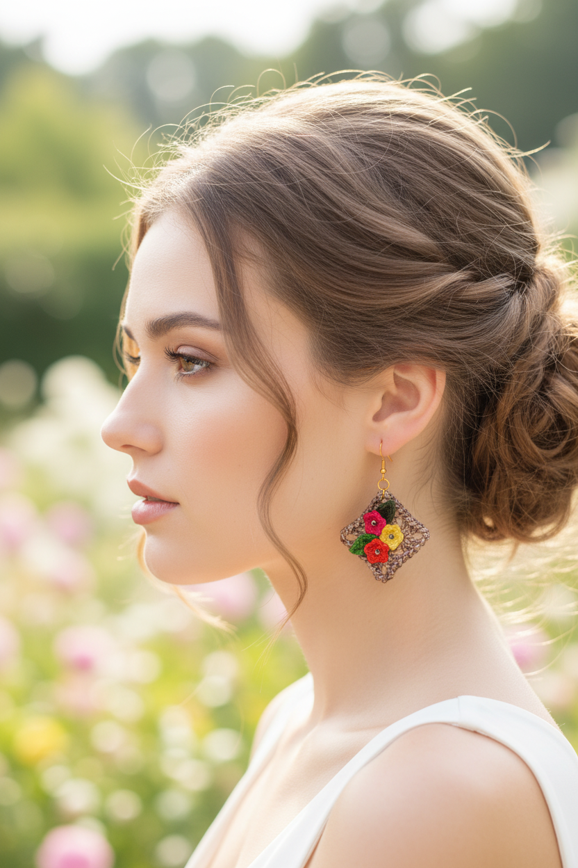 Boucles d'oreilles Jardin Fleuri portées - très petite taille