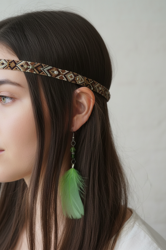 Boucles à plumes vertes portées avec bandeau