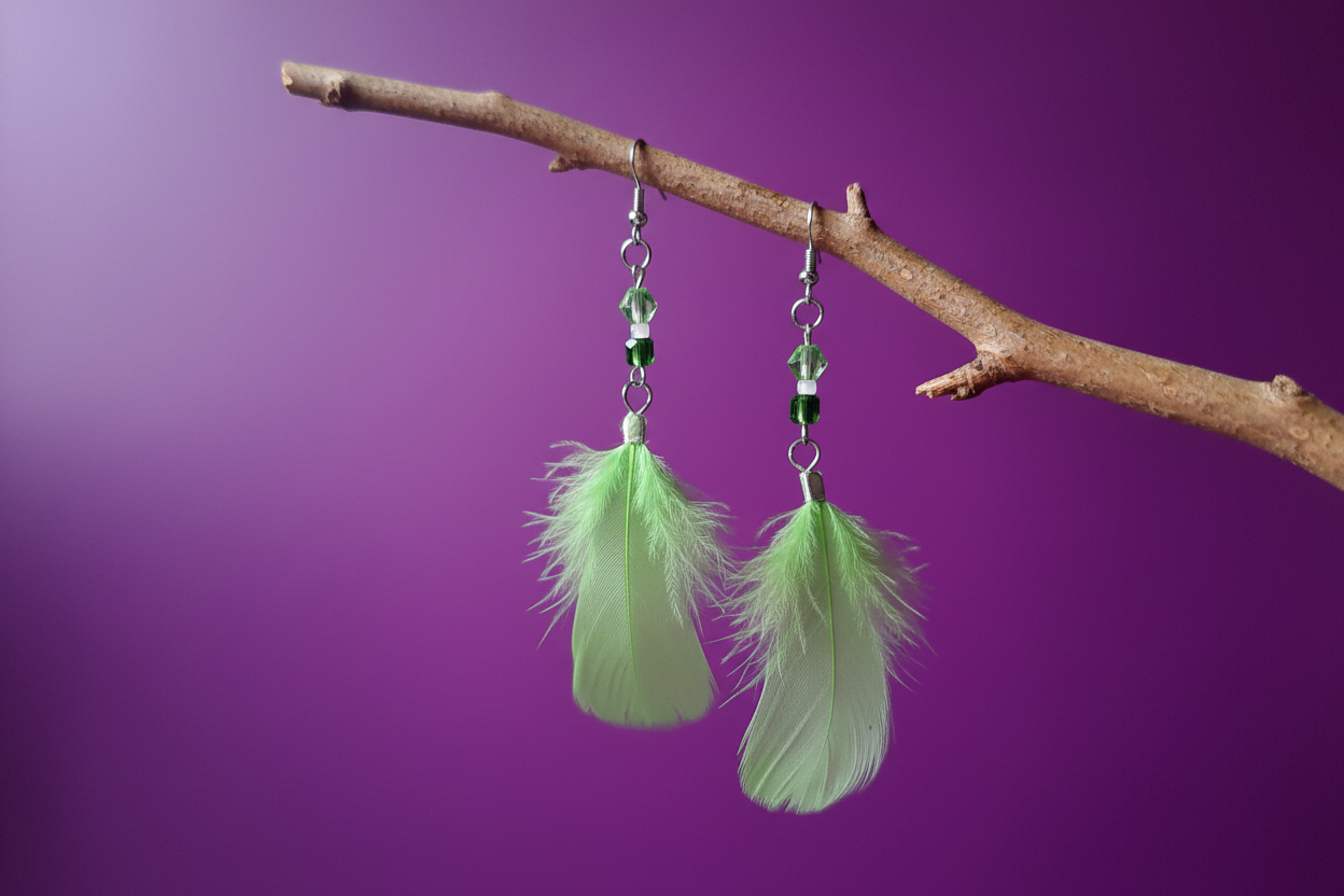 Boucles à plumes vertes sur fond violet