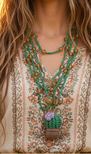 Sautoir Cactus Fleuri porté style hippie